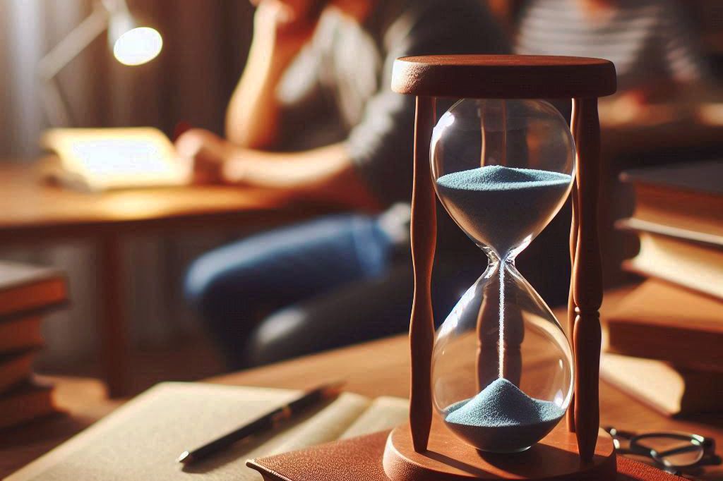 Ampulheta com areia caindo em frente a um estudante que estuda ao fundo